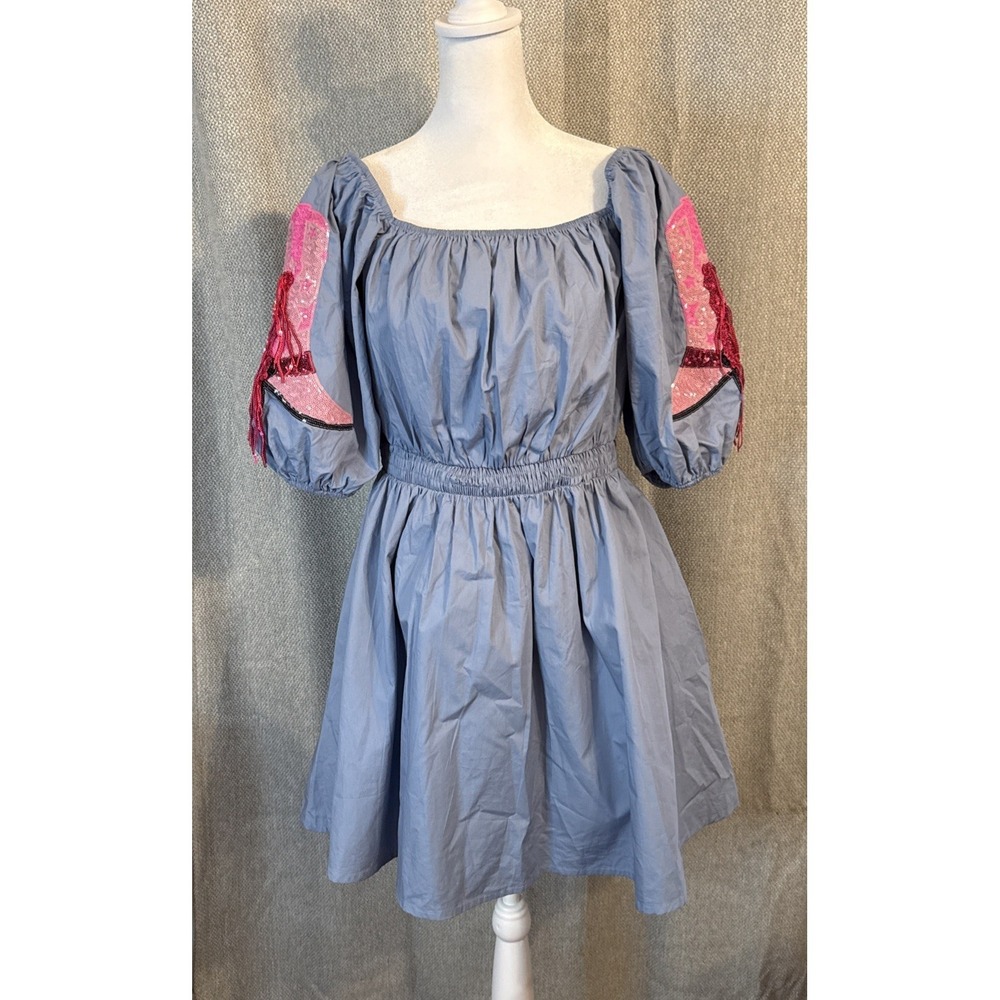 Fantastic Fawn Dress Womens Large Boot Scootin' On/Off Shoulder Sequin Mini Blue